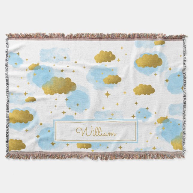 Blue Watercolor Clouds Gold Stars Sky  Throw Blanket (Front)