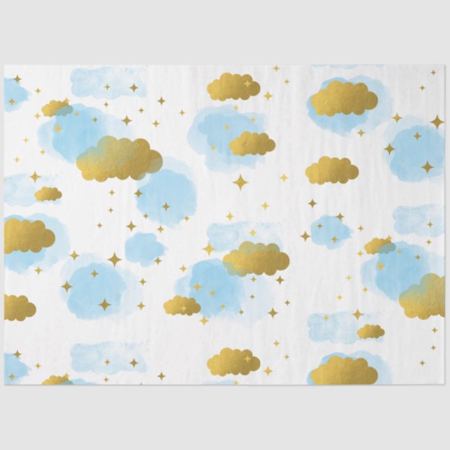 Blue Watercolor Clouds Gold Stars Sky Tissue Paper (Front)