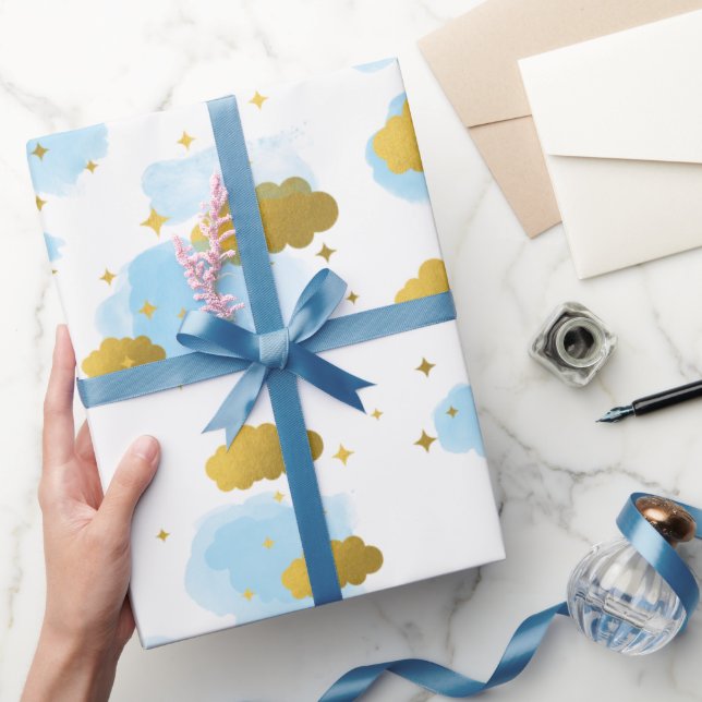Blue Watercolor Clouds Gold Stars Sky   Wrapping Paper (Gifting)