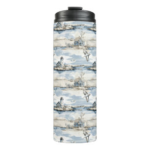 BLUE WATERCOLOR COASTAL COTTAGE AND LIGHTHOUSE THERMAL TUMBLER