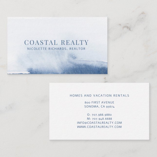 Blue Watercolor Coastal Realty Realtor Business Card (Front/Back)