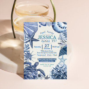 Blue Watercolor Coastal Sea Pool Party Birthday Invitation