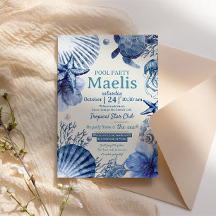 Blue Watercolor Coastal Sea Pool Party Birthday Invitation