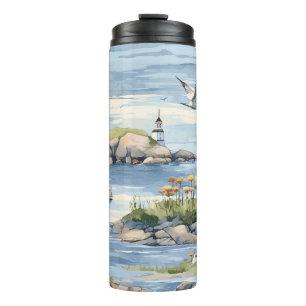BLUE WATERCOLOR COASTAL SEASIDE SCENE THERMAL TUMBLER