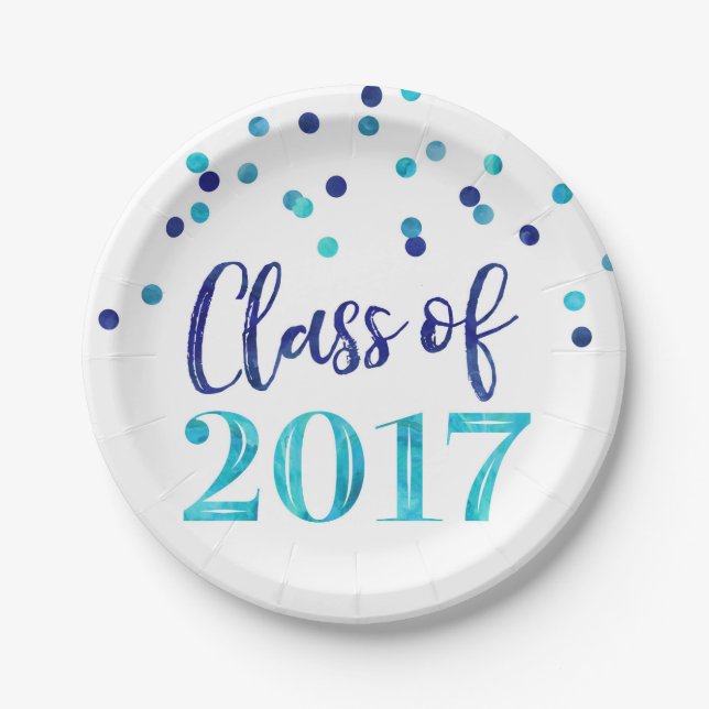 Blue Watercolor Confetti Graduation 2017 Paper Plate (Front)