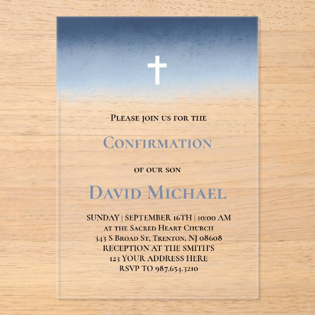 blue watercolor Confirmation boy Acrylic Invitations (Front)