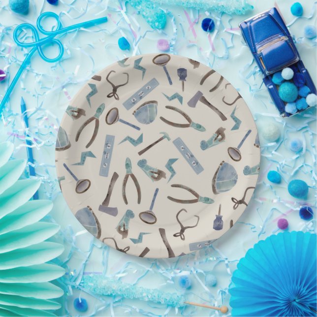 Blue Watercolor Construction Tools Paper Plate (Party)