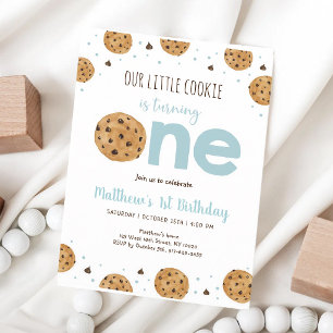 Blue Watercolor Cookie Boy First Birthday Invitation