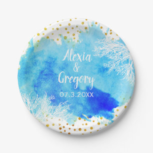 Blue watercolor coral reef gold confetti wedding paper plate