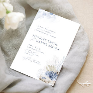 Blue watercolor coral & seashells beach wedding invitation