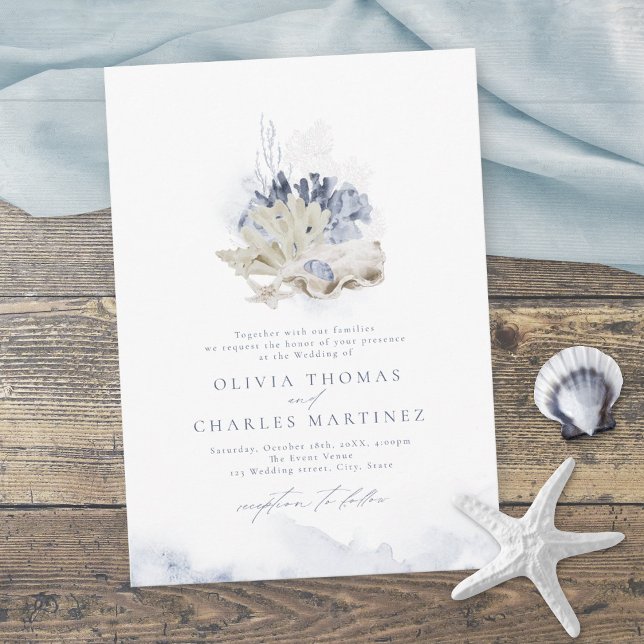 Blue watercolor coral & seashells beach wedding invitation (Creator Uploaded)