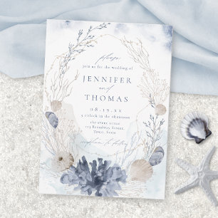 Blue watercolor coral & seashells beach wedding invitation
