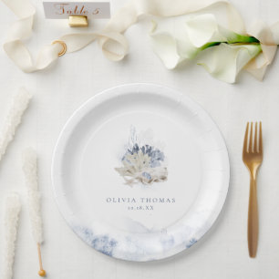 Blue watercolor coral & seashells beach Wedding Paper Plate