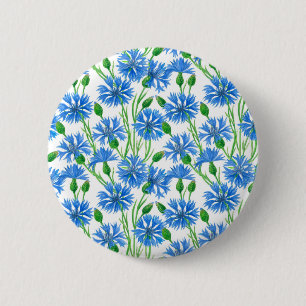 Blue watercolor cornflowers, wild flowers on white 6 cm round badge