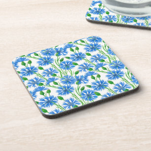 Blue watercolor cornflowers, wild flowers on white coaster