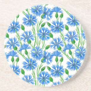 Blue watercolor cornflowers, wild flowers on white coaster