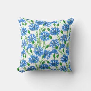 Blue watercolor cornflowers, wild flowers on white cushion