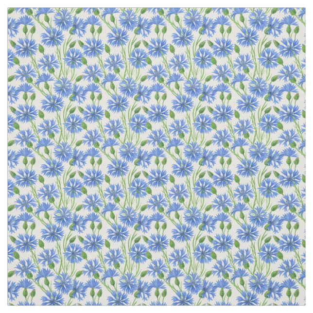 Blue watercolor cornflowers, wild flowers on white fabric (Swatch)