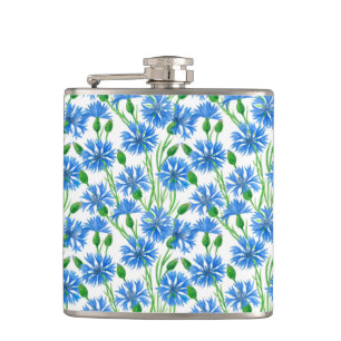 Blue watercolor cornflowers, wild flowers on white hip flask