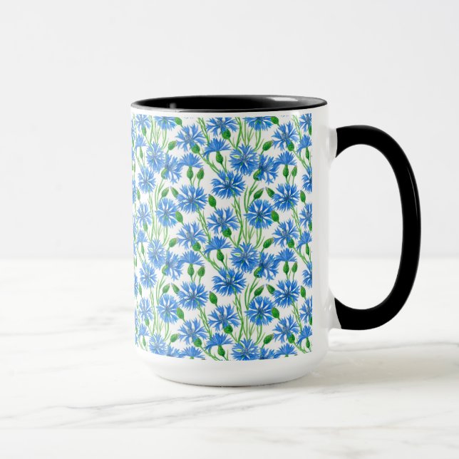 Blue watercolor cornflowers, wild flowers on white mug (Right)