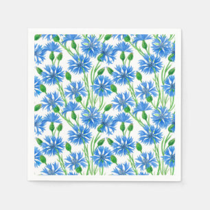 Blue watercolor cornflowers, wild flowers on white napkin