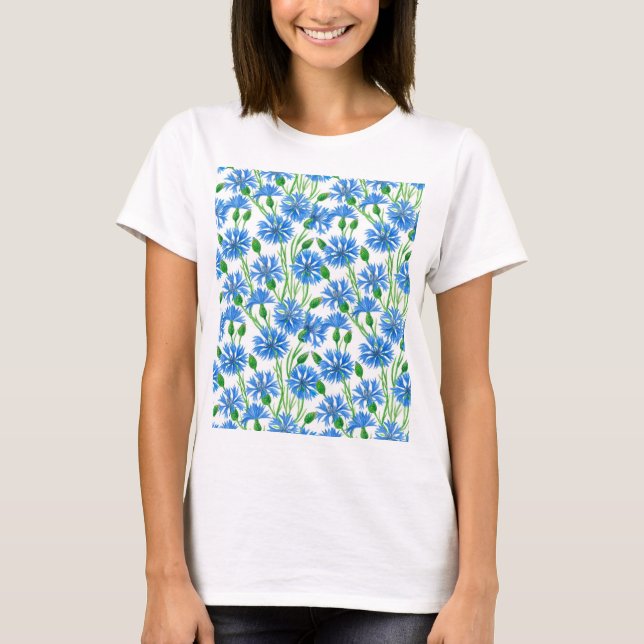 Blue watercolor cornflowers, wild flowers on white T-Shirt (Front)