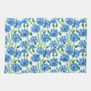 Blue watercolor cornflowers, wild flowers on white tea towel
