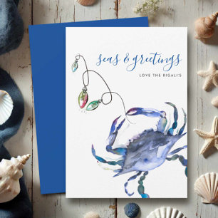 Blue Watercolor Crab Beach Christmas Card