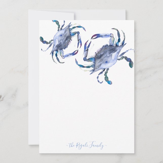 Blue Watercolor Crab Personalised Stationery Card (Front)