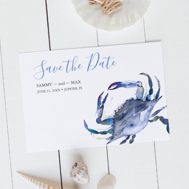 Blue Watercolor Crab Save the Date (Non photo wedding save the date invitations watercolor blue crab art by Victoria Grigaliunas)