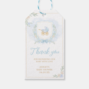 Blue Watercolor Crest Baby Shower Favour Tags
