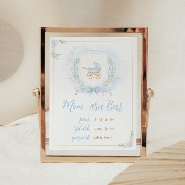 Blue Watercolor Crest Baby Shower Mum Osa Bar Poster (Blue Gold Carriage Crest Baby Shower Mom Osa Bar Sign)