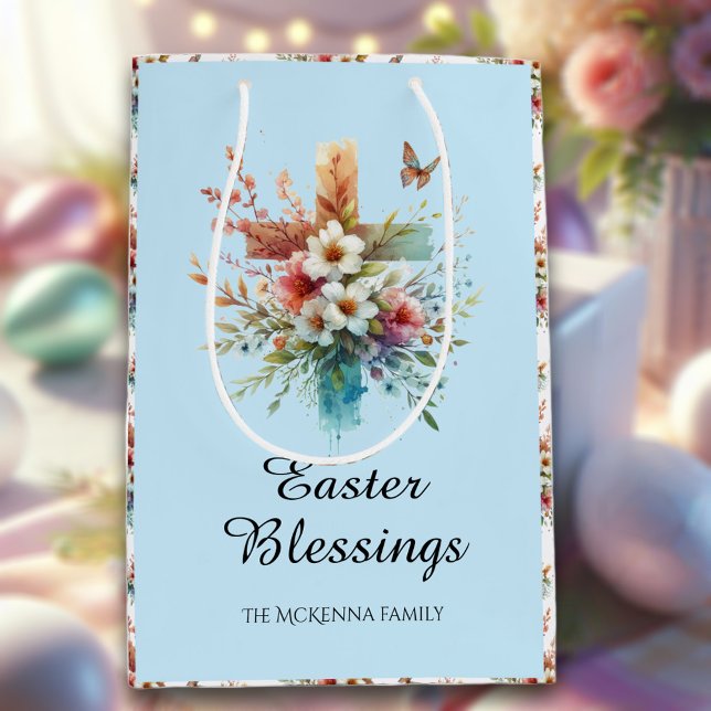 Blue Watercolor Cross Flowers Christian Easter  Medium Gift Bag (Creator Uploaded)