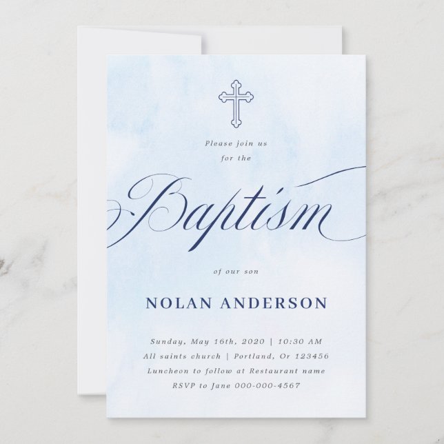 Blue Watercolor Cross in Calligraphy Baptism Invit Invitation (Front)