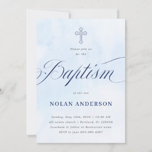 Blue Watercolor Cross in Calligraphy Baptism Invit Invitation