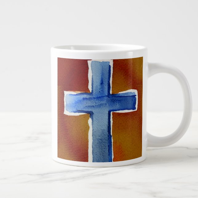 Blue Watercolor Cross Large Coffee Mug (Right)