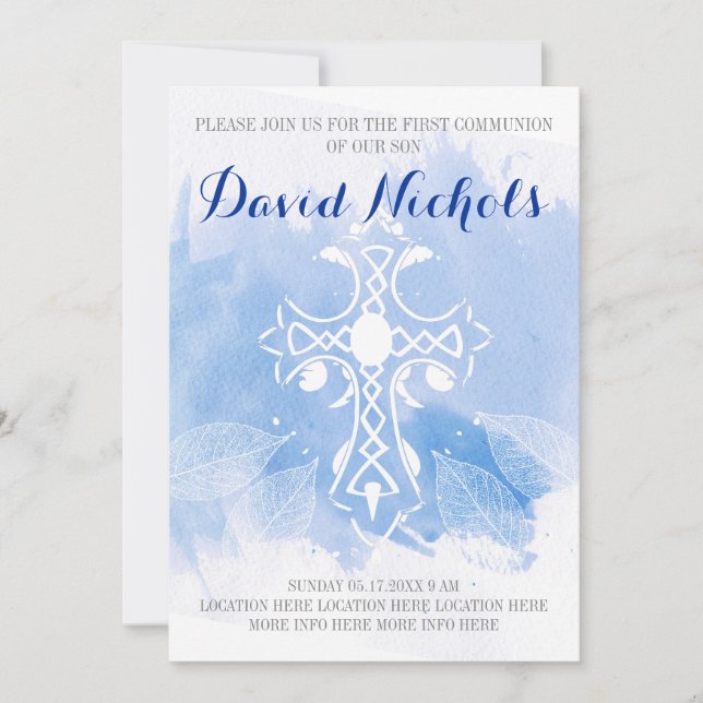 Blue watercolor cross leaves First Holy Communion Invitation (Front)