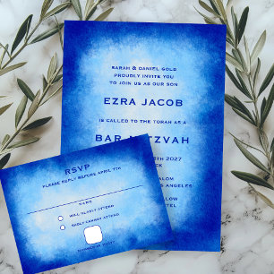 Blue Watercolor Custom Bar Bat Mitzvah RSVP Card