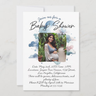 Blue watercolor custom photo baby shower script invitation