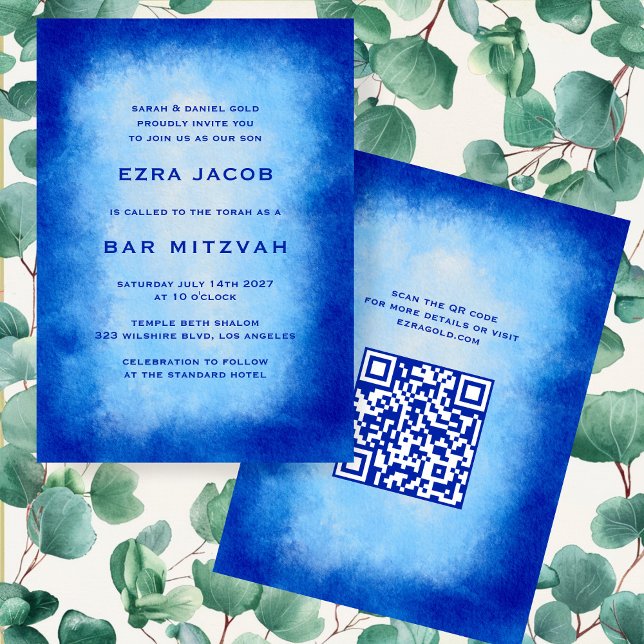 Blue Watercolor Custom QR Code Bar Bat Mitzvah Invitation (Blue Watercolor Custom QR Code Bar Bat Mitzvah Invitation
)
