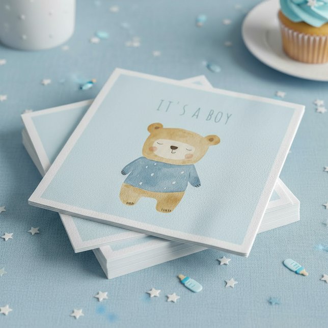 Blue Watercolor cute bear it's a boy Napkin (Blue Watercolor cute bear it's a boy Napkins.)