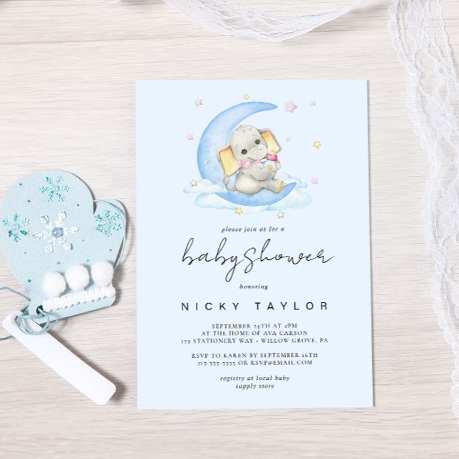 Blue Watercolor Cute Elephant Baby Shower Invitation (Creator Uploaded)