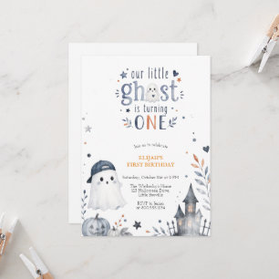 Blue Watercolor Cute Ghost Halloween Birthday Invitation