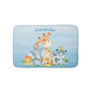 Blue Watercolor Cute Safari Jungle Animals Bath Mat