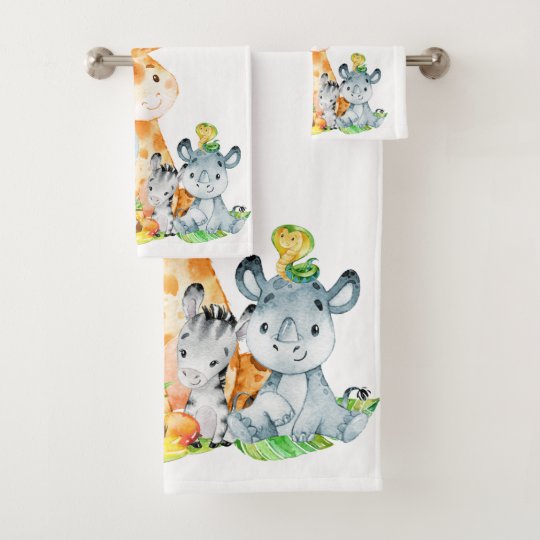Blue Watercolor Cute Safari Jungle Animals Bath Towel Set Zazzle.co.uk