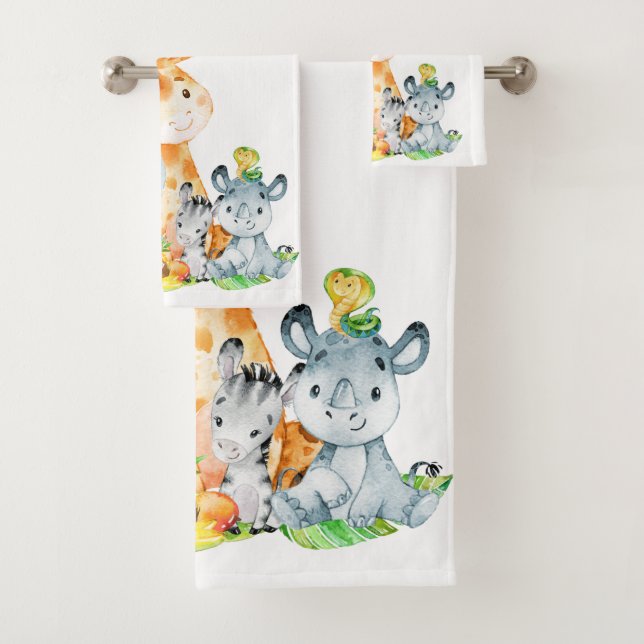 Blue Watercolor Cute Safari Jungle Animals Bath Towel Set (Insitu)