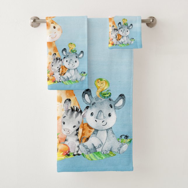 Blue Watercolor Cute Safari Jungle Animals Bath Towel Set (Insitu)
