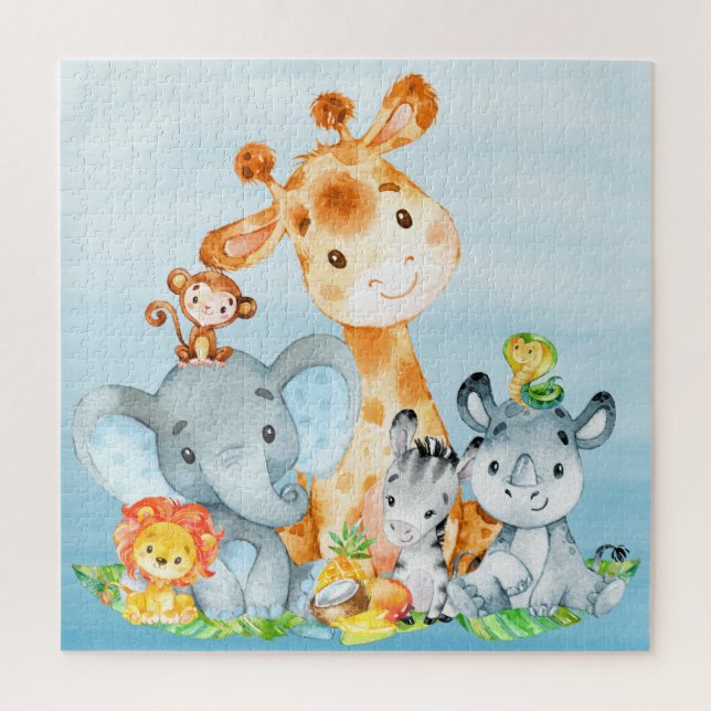 Blue Watercolor Cute Safari Jungle Animals Jigsaw Puzzle (Vertical)