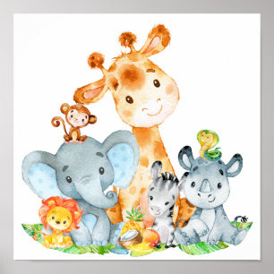 Blue Watercolor Cute Safari Jungle Animals Poster