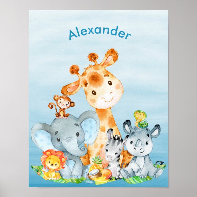 Blue Watercolor Cute Safari Jungle Animals Poster (Front)